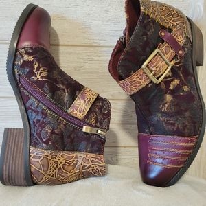 Socofy Dynamic Burgundy Floral Ankle Boots, Sz 39 or US 8.5, New WO Tags